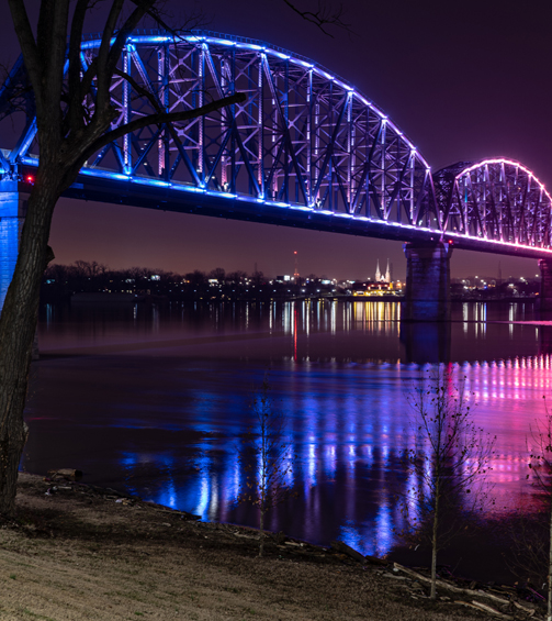 Image of Sherman Minton Bridge from New Albany, IN at night.